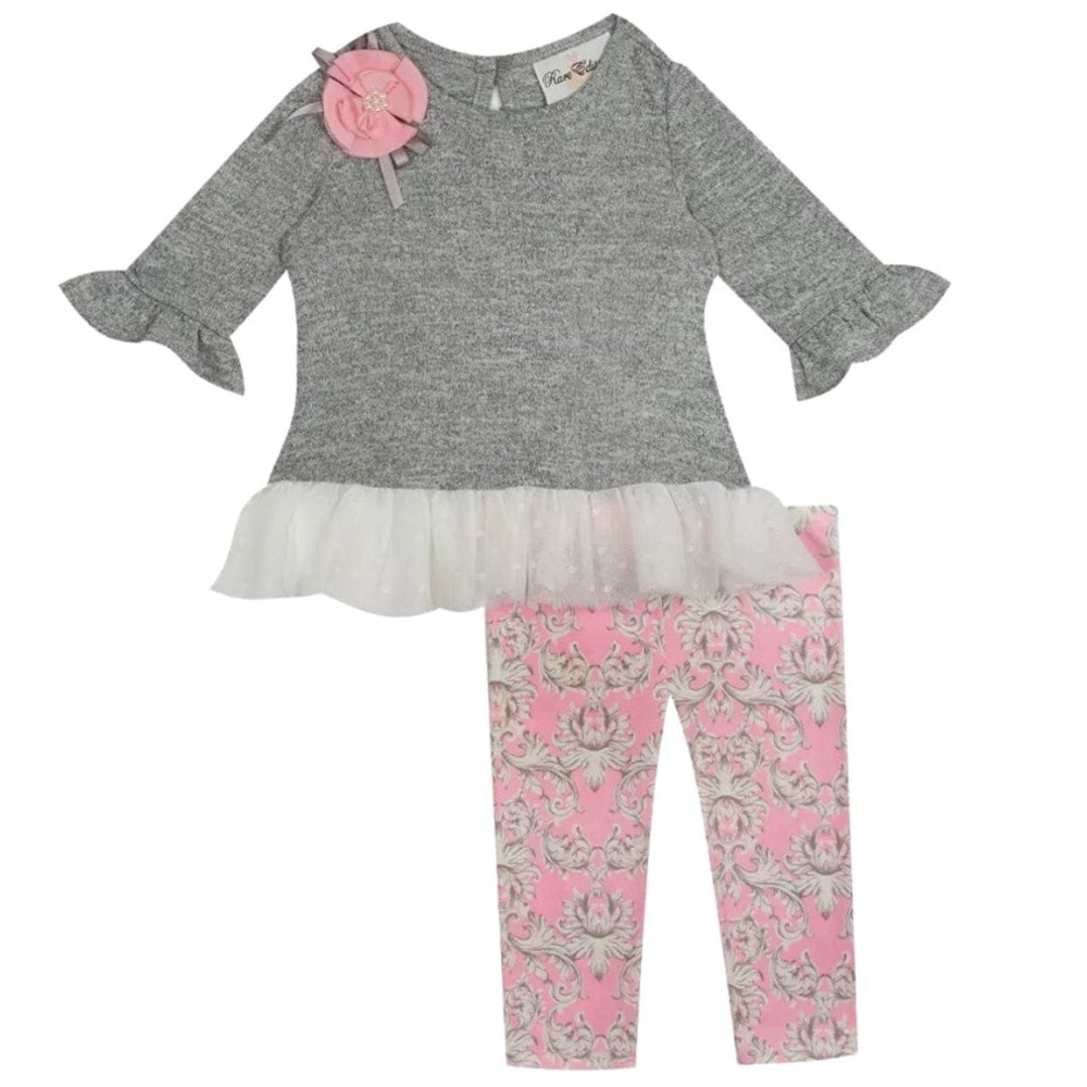 NWT! Rare Editions Girls Hacci Knit Gray Top & Pink Leggings Set, Size 3T